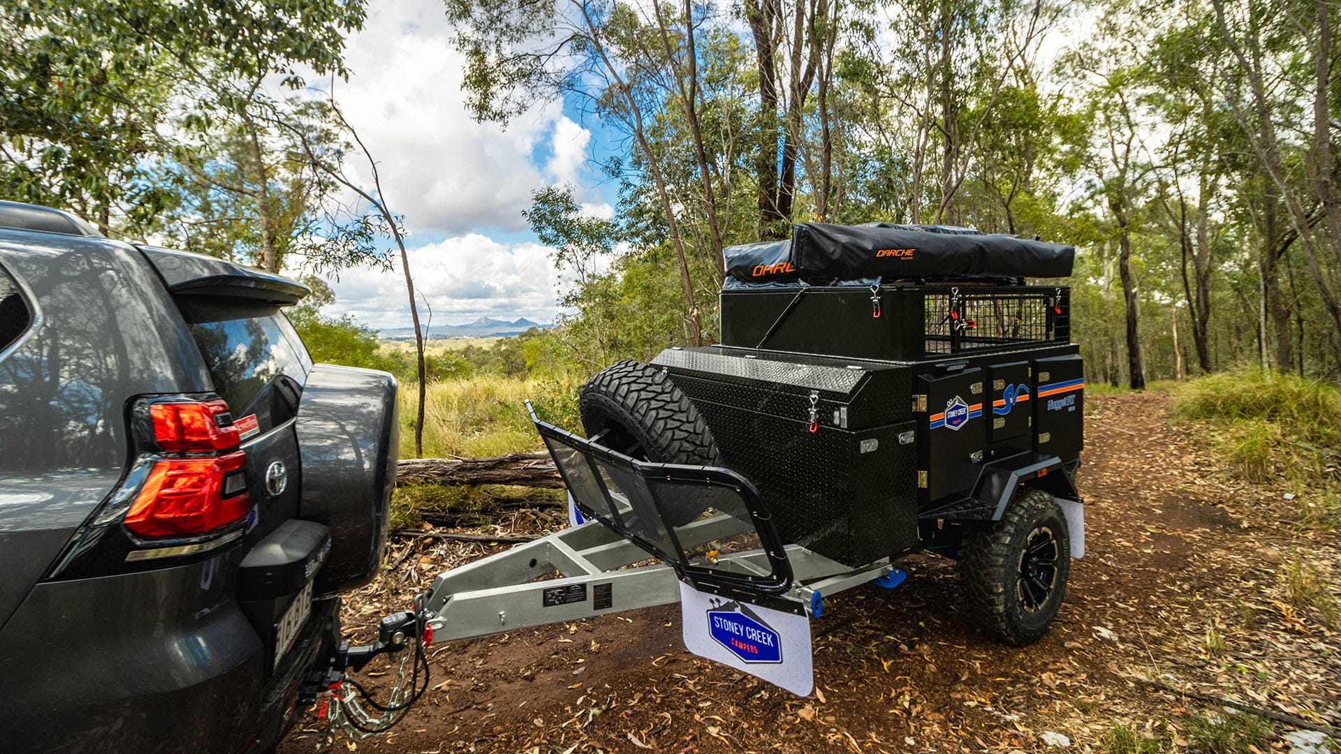 Stoney Creek Campers Nugget-RT Off-Road Camper Trailer features a large storage cage accessible via the gas strut-assisted lid.